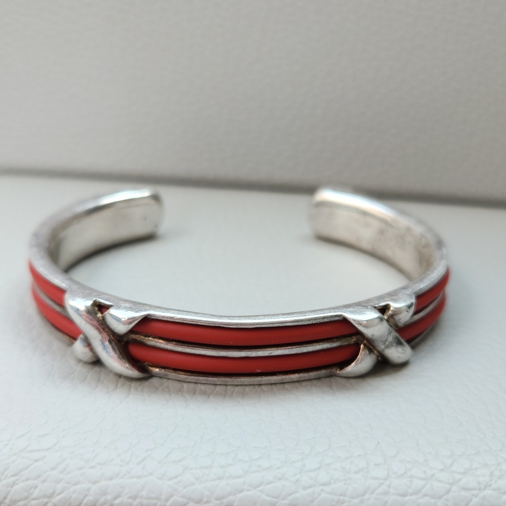 DOBBS 925 Silver Cuff Bracelet With Red Cord Detail